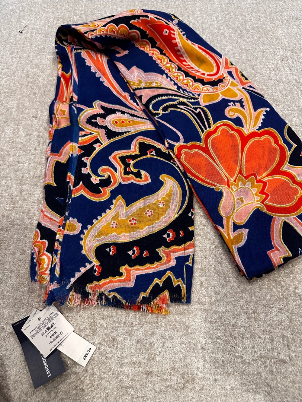 Lands' End Navy Scarf with Orange, Yellow & Pink Paisley Floral Print